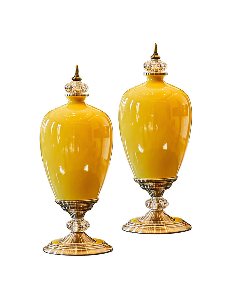 SOGA 2x 42cm Ceramic Oval Flower Vase with Gold Metal Base Yellow