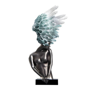 SOGA 86cm Modern Silver Winged Figure Sculpture with Artificial Marble Base for Home Decor