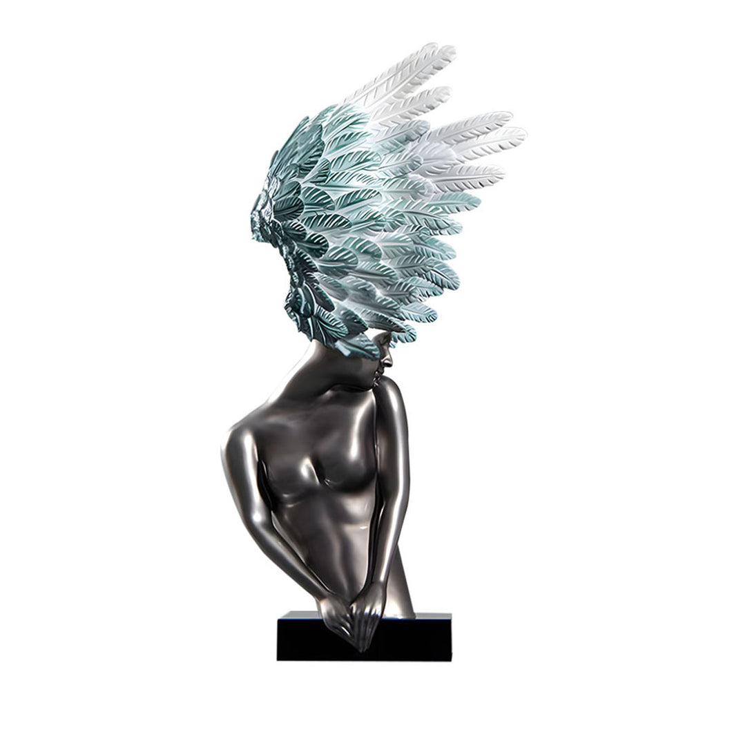 SOGA 86cm Modern Silver Winged Figure Sculpture with Artificial Marble Base for Home Decor
