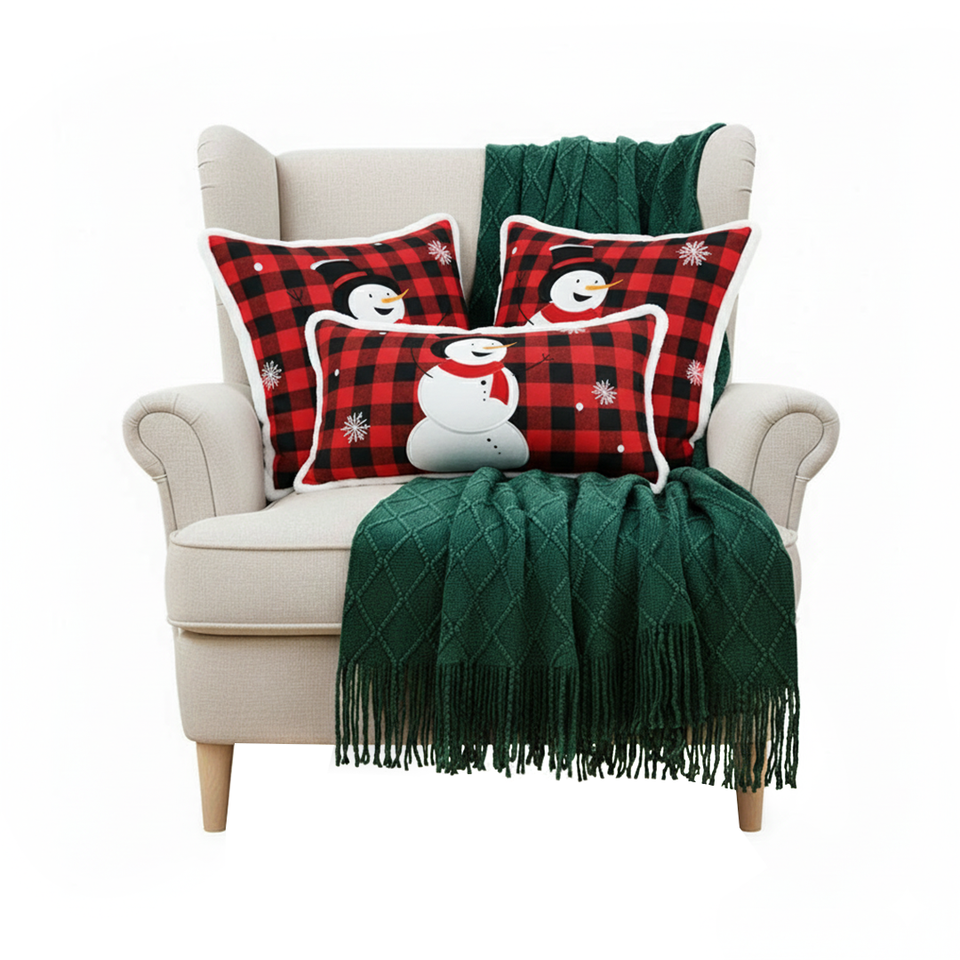 SOGA Christmas Bundle – Red Snowman Pillows & Green Diamond Knitted Throw Blanket