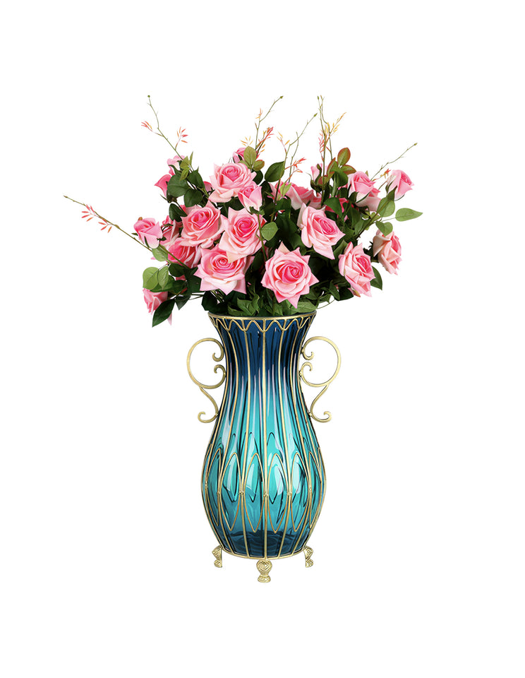 SOGA 51cm Blue Glass Tall Floor Vase with 12pcs Pink Artificial Fake Flower Set