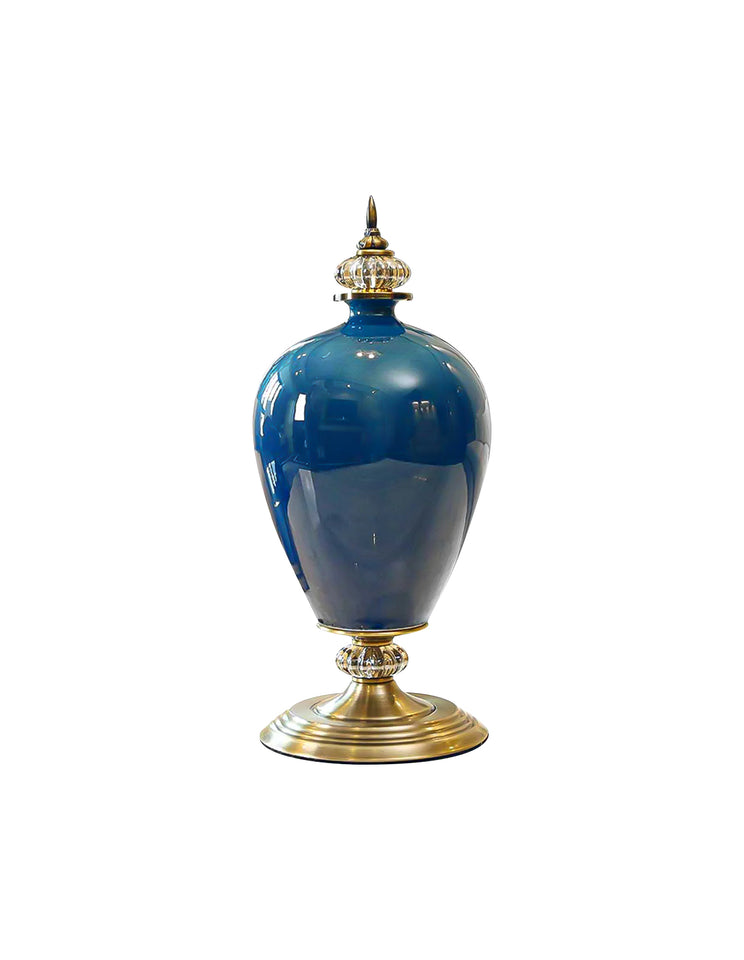 SOGA 42cm Ceramic Oval Flower Vase with Gold Metal Base Dark Blue