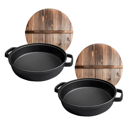 SOGA 2X 31cm Round Cast Iron Pre-seasoned Deep Baking Pizza Frying Pan Skillet with Wooden Lid