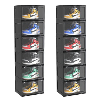 SOGA 2X 6 Tier Black Portable Shoe Organiser Sneaker Footwear Folding Plastic Bin Stackable Storage Box with Magnetic Door