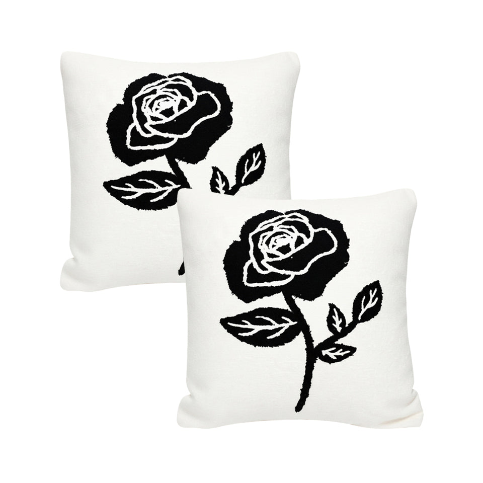 SOGA 2X 45cm White Black Single Rose Embroidered Throw Pillow