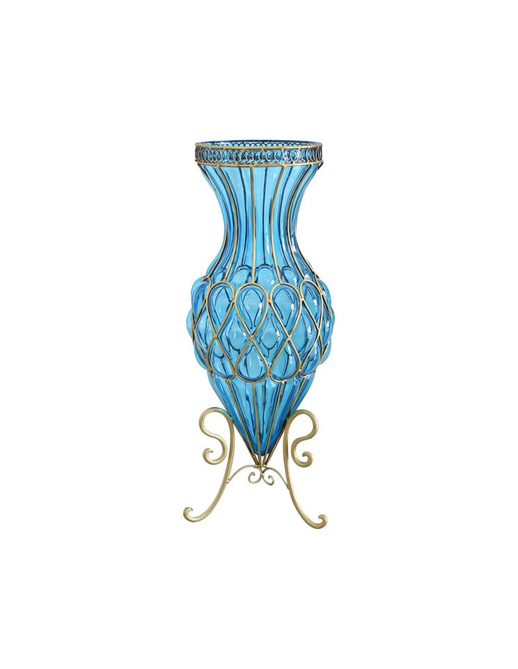 SOGA 67cm Blue Glass Tall Floor Vase with Metal Flower Stand