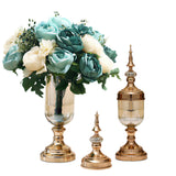 SOGA 2 x Clear Glass Flower Vase with Lid and Blue Flower Filler Vase Gold Set