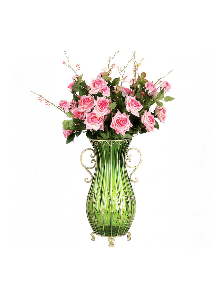 SOGA 51cm Green Glass Tall Floor Vase with 12pcs Pink Artificial Fake Flower Set