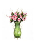 SOGA 51cm Green Glass Tall Floor Vase with 12pcs Pink Artificial Fake Flower Set