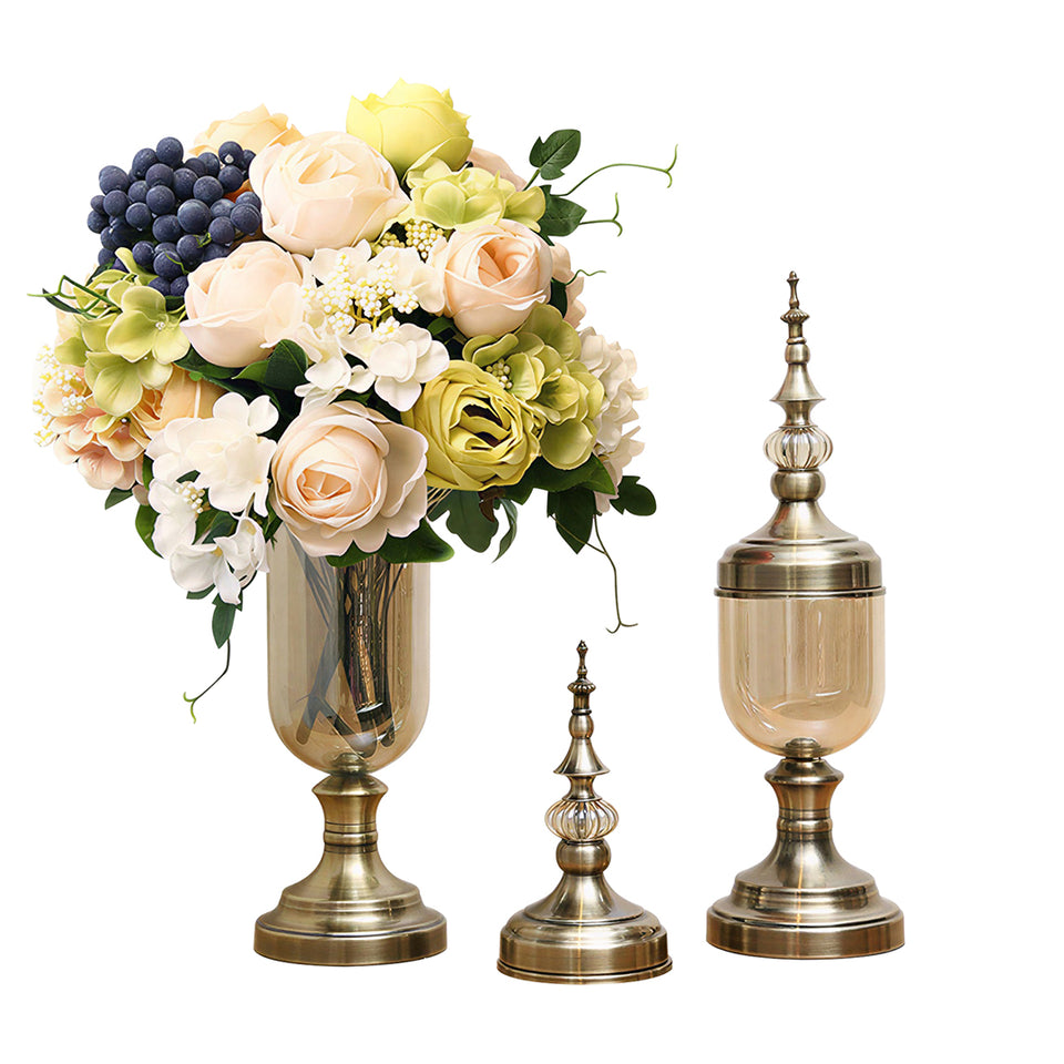 SOGA 2x Clear Glass Flower Vase with Lid and White Flower Filler Vase Bronze Set