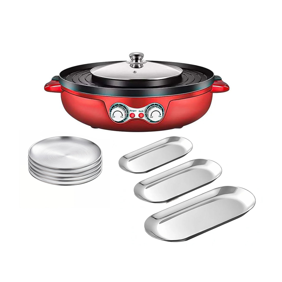 SOGA Kitchenware Bundle – 2-in-1 Electric Hot Pot BBQ Grill & Silver Plate Set with Grilling Plate