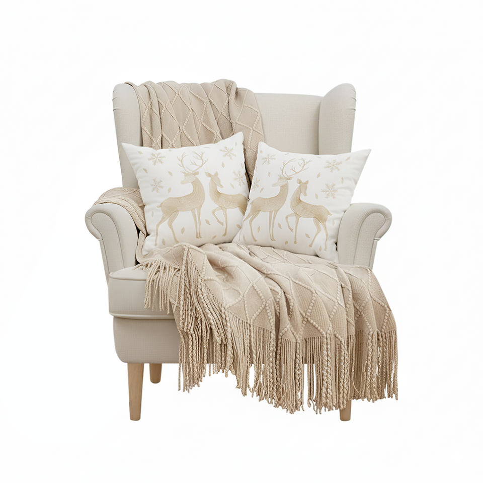 SOGA Christmas Bundle – 2 White Gold Reindeer Throw Pillows & Beige Diamond Throw Blanket