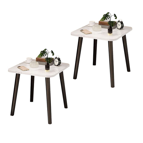 SOGA 2X 40cm White Stone-Patterned Table Compact Modern Design with Black Metal Legs