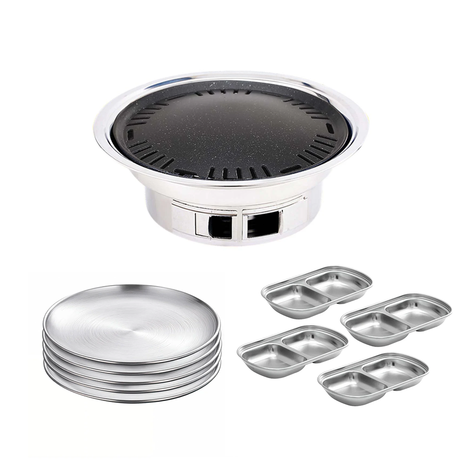 SOGA Kitchenware Bundle – Silver Grilling Plate, Divided Sauce Pan & Portable Charcoal BBQ Grill