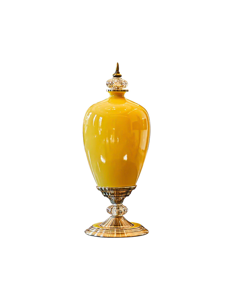 SOGA 40cm Ceramic Oval Flower Vase with Gold Metal Base Yellow