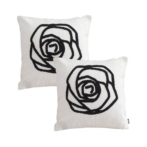 SOGA 2X Embroidered Cushion 45cm White Black Rose Flower Pattern Decorative Throw Pillow