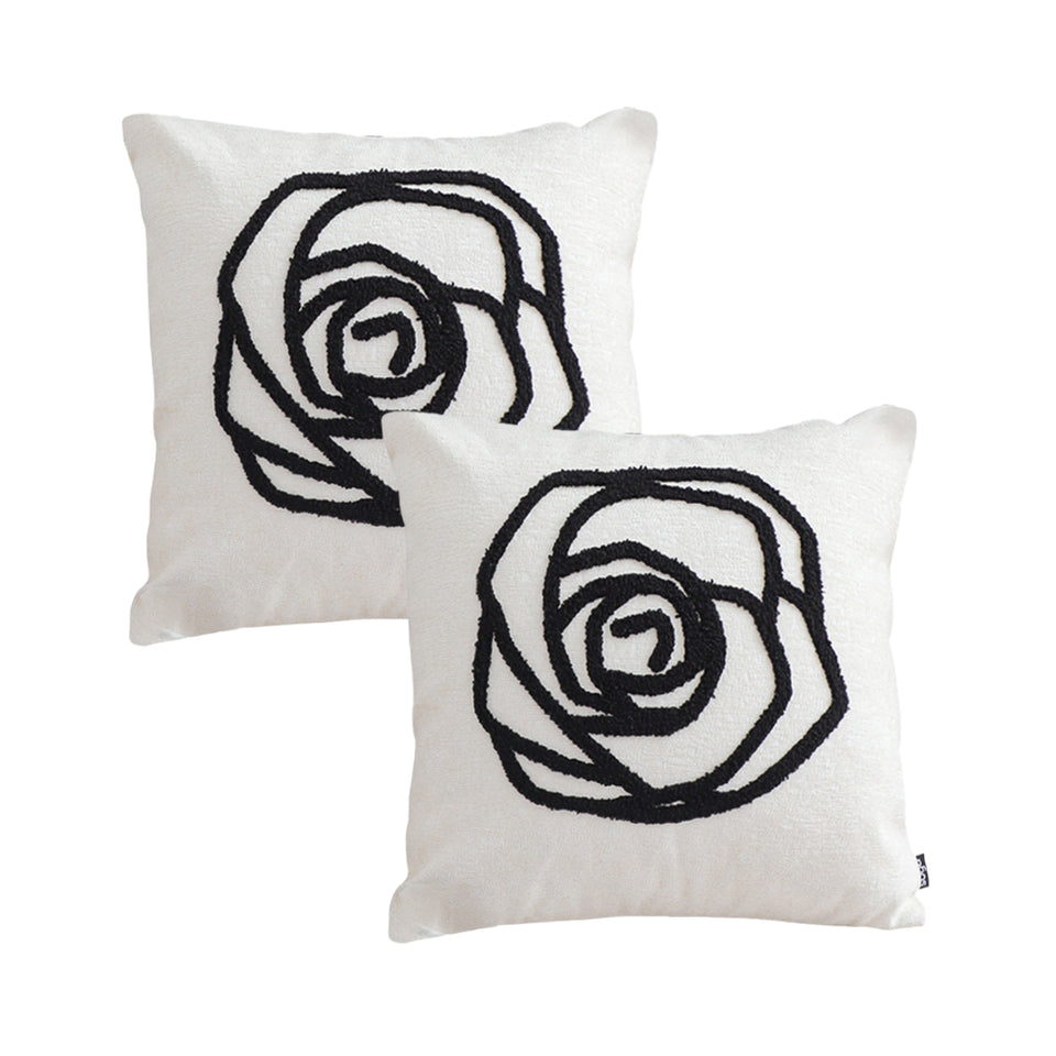 SOGA 2X Embroidered Cushion 45cm White Black Rose Flower Pattern Decorative Throw Pillow