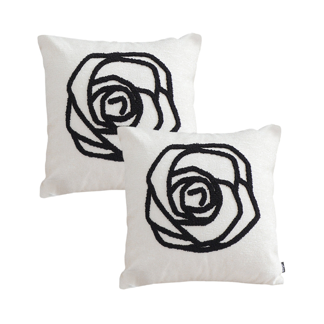 SOGA 2X Embroidered Cushion 45cm White Black Rose Flower Pattern Decorative Throw Pillow