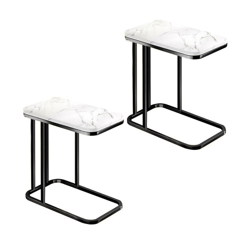 SOGA 2X 30x50x58cm White Stone-Patterned Sofa Side Square Mini Table w/ Black Metal Legs