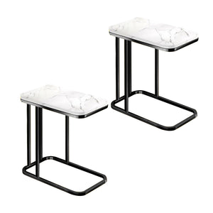 SOGA 2X 30x50x58cm White Stone-Patterned Sofa Side Square Mini Table w/ Black Metal Legs