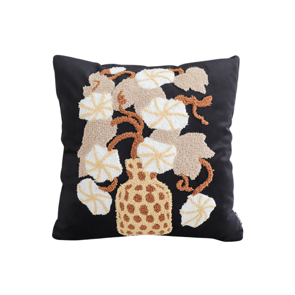 SOGA 45cm Black Gold Wicker Basket Floral Embroidered Throw Pillow