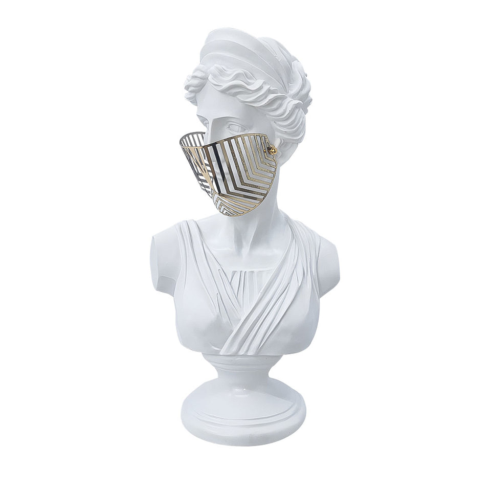 SOGA 40cm White Classical Bust Sculpture Resin with Gold Striped Mask for Modern Home Decor