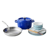 SOGA Kitchenware Bundle – Blue Enamel Stewpot, Stainless Steel Fry Pan & Ceramic Dinnerware Set