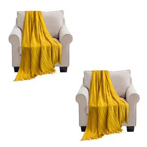 SOGA 2X Mustard Textured Knitted Throw Blanket Warm Cozy Woven Cover Couch Bed Sofa Home Decor with Tassels