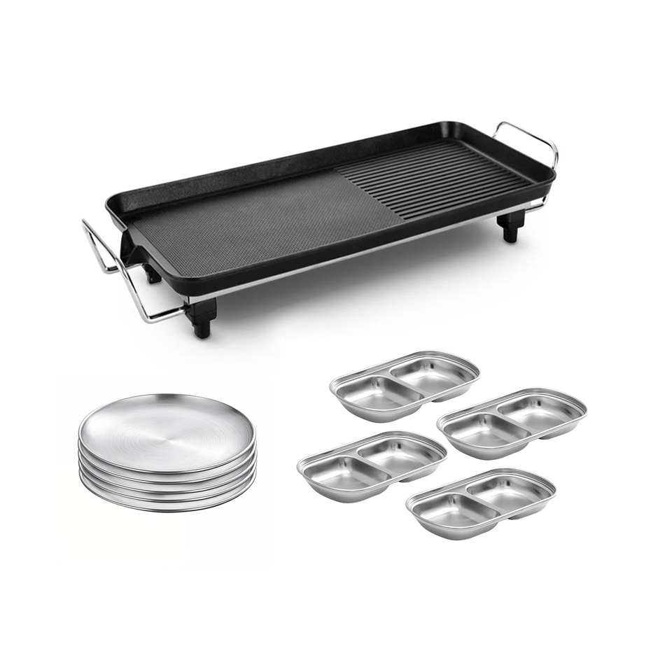SOGA Kitchenware Bundle – 48cm Electric BBQ Grill with Silver Grilling Plate & Divided Sauce Pan