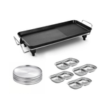 SOGA Kitchenware Bundle – 48cm Electric BBQ Grill with Silver Grilling Plate & Divided Sauce Pan