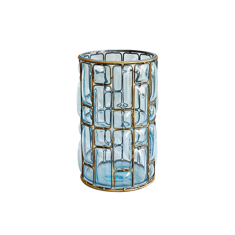 SOGA Blue Colored European Glass Cylinder Flower Vase with Gold Metal Pattern