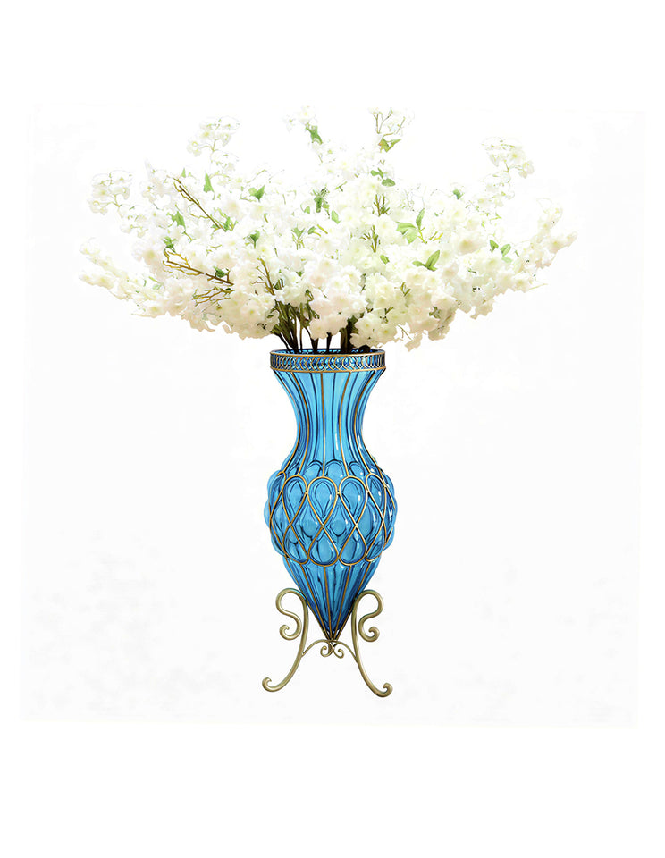 SOGA 67cm Blue Glass Tall Floor Vase with 10pcs White Artificial Fake Flower Set