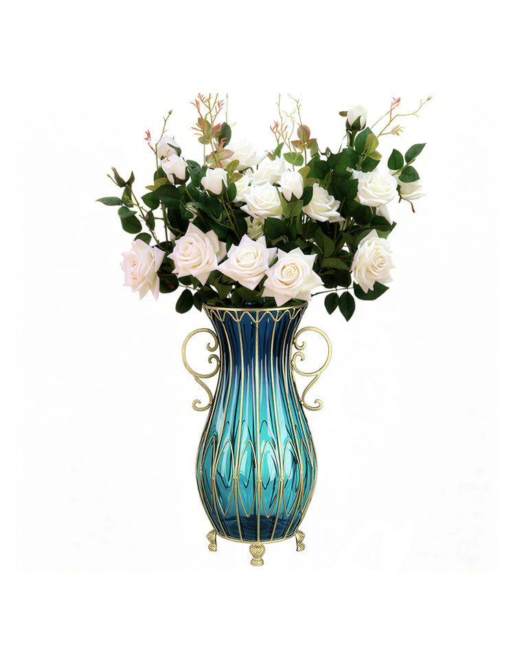 SOGA 51cm Blue Glass Tall Floor Vase with 12pcs White Artificial Fake Flower Set