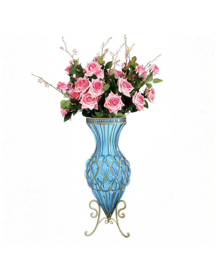 SOGA 67cm Blue Glass Tall Floor Vase and 12pcs Pink Artificial Fake Flower Set