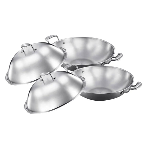 SOGA 2X 3-Ply 38cm Stainless Steel Double Handle Wok Frying Fry Pan Skillet with Lid