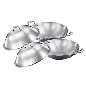 SOGA 2X 3-Ply 38cm Stainless Steel Double Handle Wok Frying Fry Pan Skillet with Lid