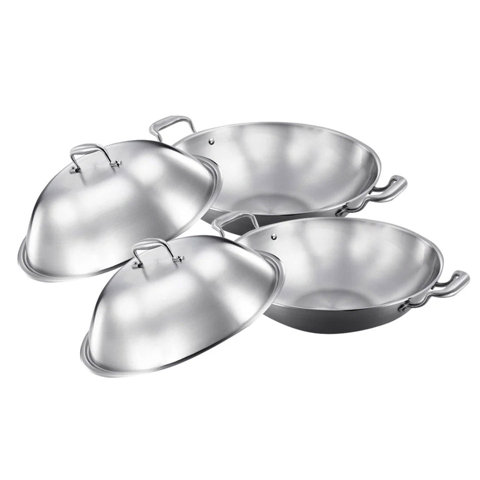 SOGA 2X 3-Ply 38cm Stainless Steel Double Handle Wok Frying Fry Pan Skillet with Lid