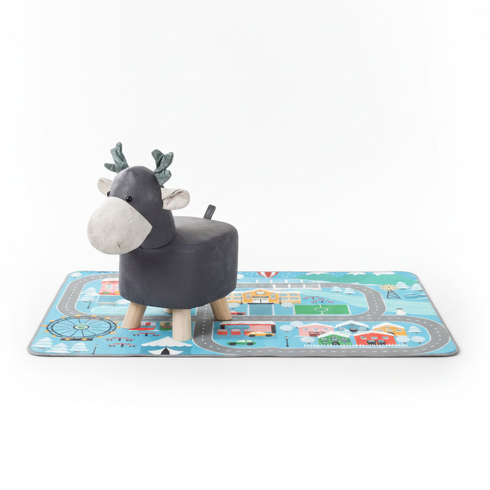 SOGA Home & Living Bundle – 2 Grey Deer Character Children's Ottoman & Kids Street Map Rug