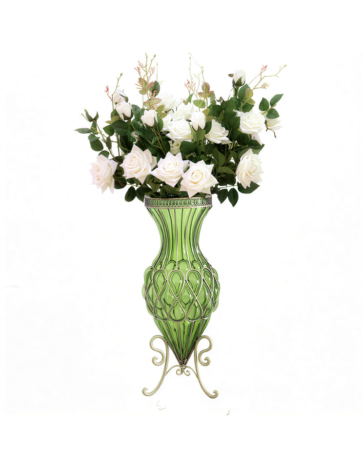 SOGA 67cm Green Glass Tall Floor Vase and 12pcs White Artificial Fake Flower Set