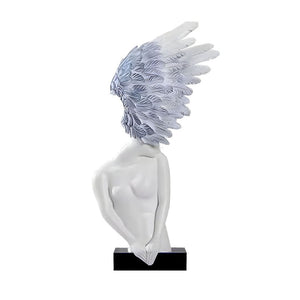SOGA 86cm White Blue Winged Figure Sculpture with Marble Base