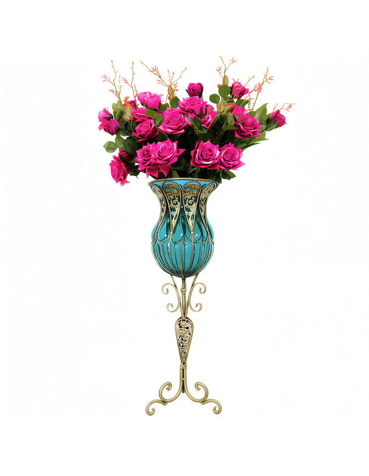 SOGA 85cm Blue Glass Tall Floor Vase and 12pcs Dark Pink Artificial Fake Flower Set