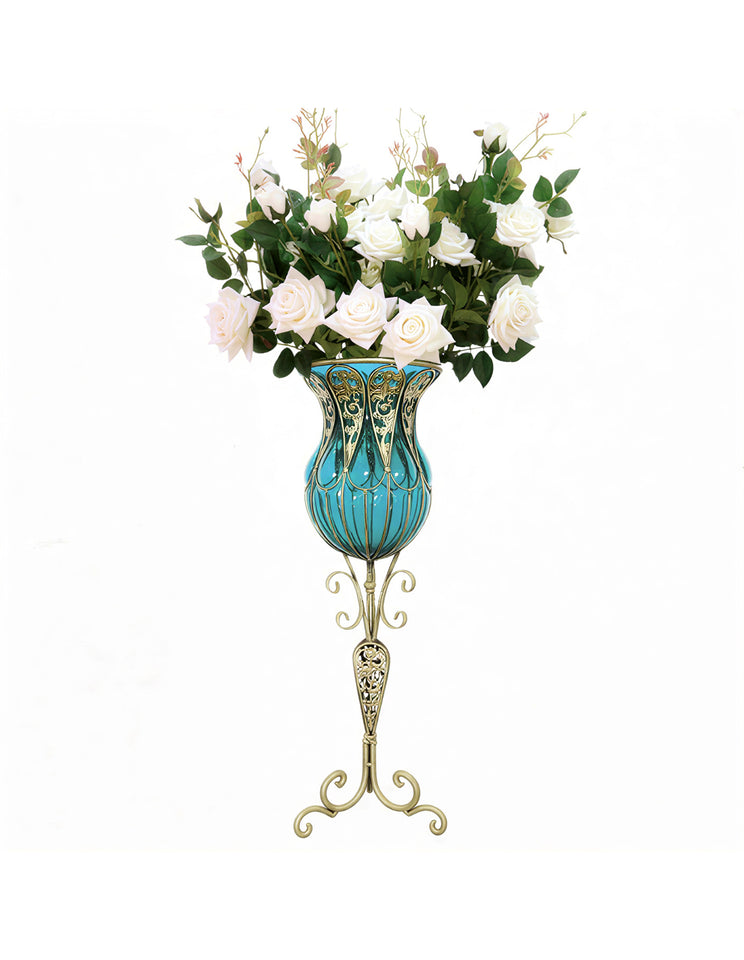 SOGA 85cm Blue Glass Tall Floor Vase and 12pcs White Artificial Fake Flower Set