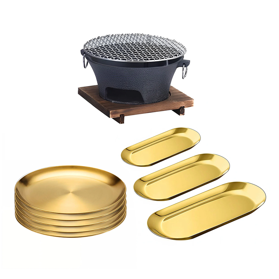 SOGA Kitchenware Bundle – Gold Nordic Plate Set, 23cm Grilling Plate & Cast Iron BBQ Grill