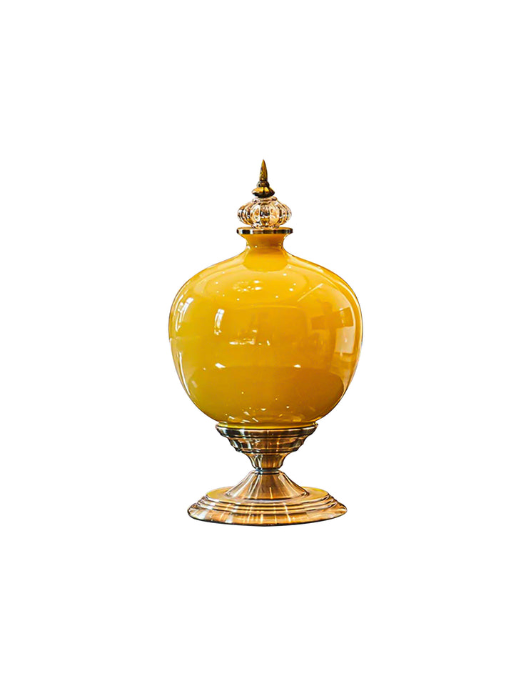 SOGA 38cm Ceramic Oval Flower Vase with Gold Metal Base Yellow