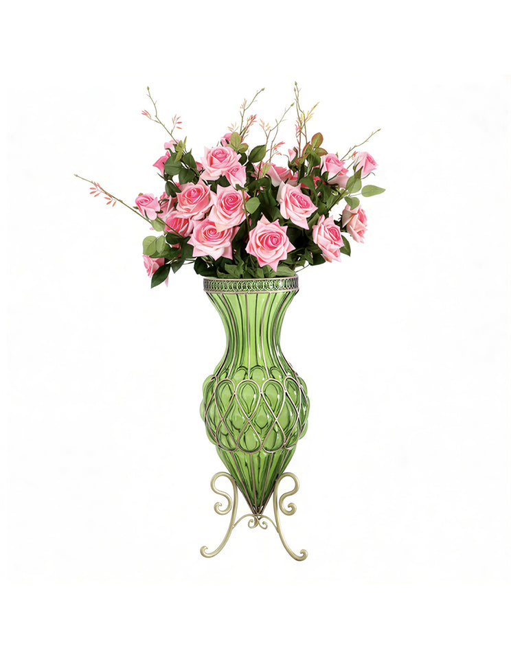 SOGA 67cm Green Glass Tall Floor Vase and 12pcs Pink Artificial Fake Flower Set