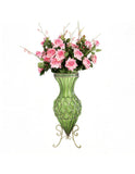 SOGA 67cm Green Glass Tall Floor Vase and 12pcs Pink Artificial Fake Flower Set