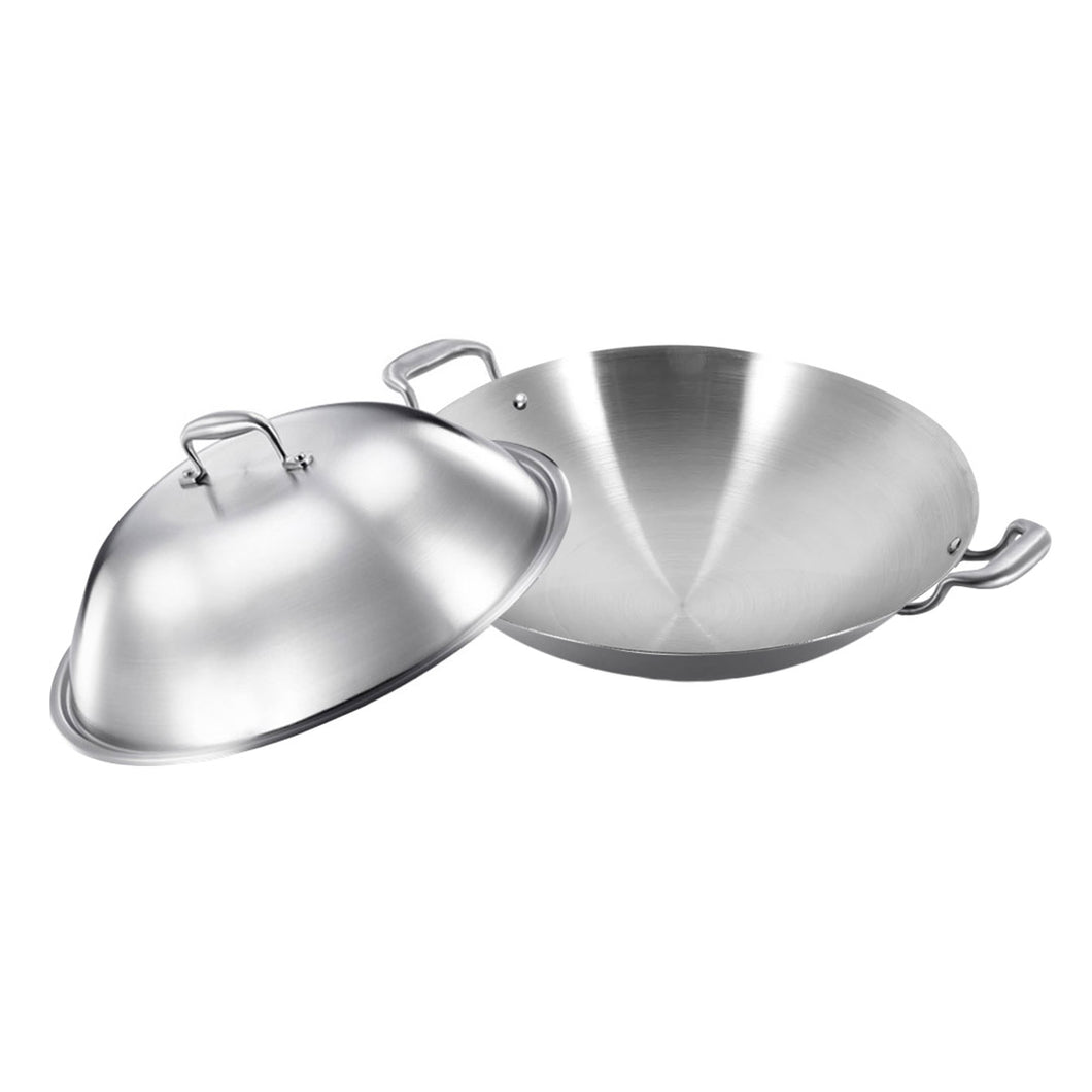 SOGA 3-Ply 42cm Stainless Steel Double Handle Wok Frying Fry Pan Skillet with Lid