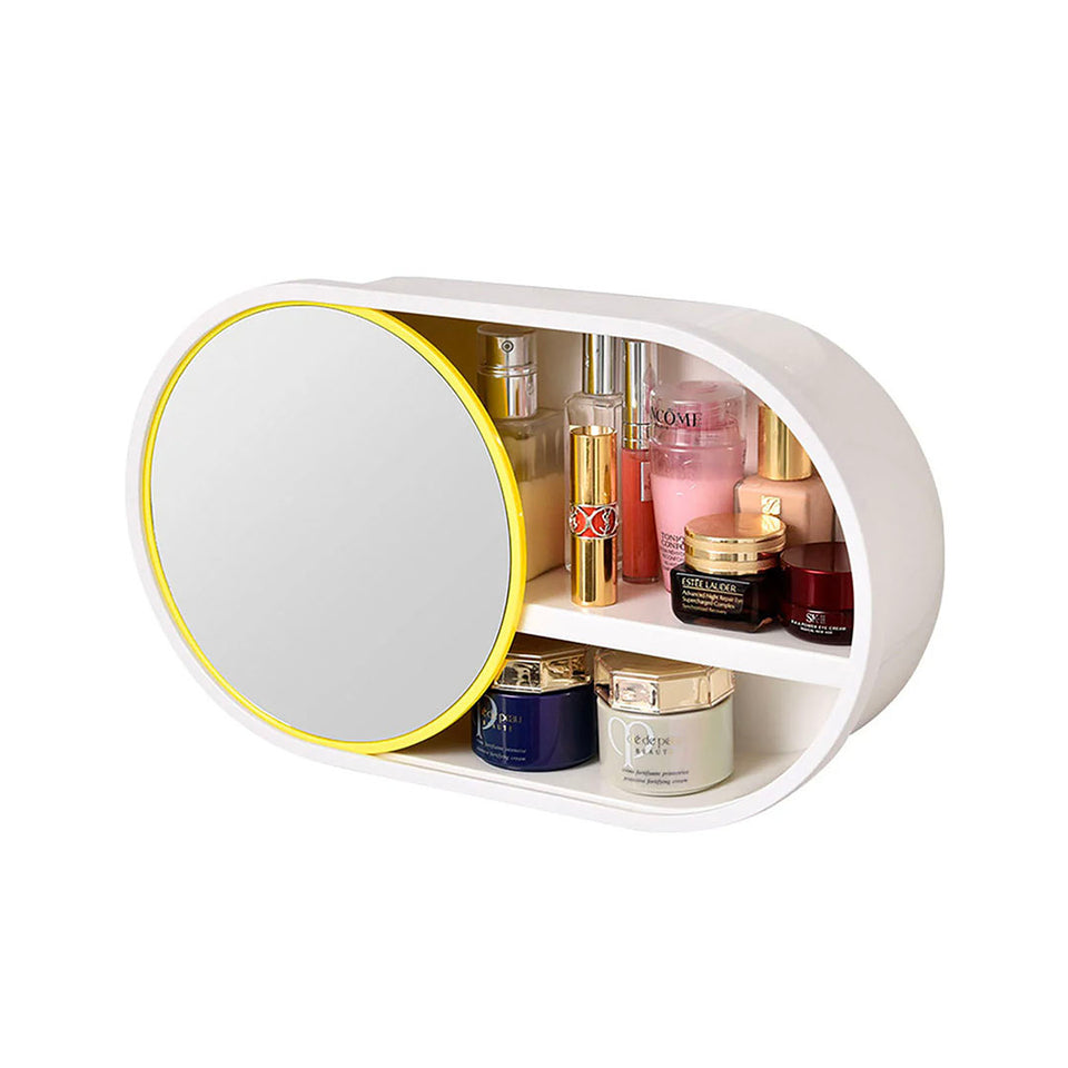 SOGA 39cm Oval Wall-Mounted Mirror Storage Box Vanity Mirror Rack Bathroom Adhesive Shelf Home Organiser Decor