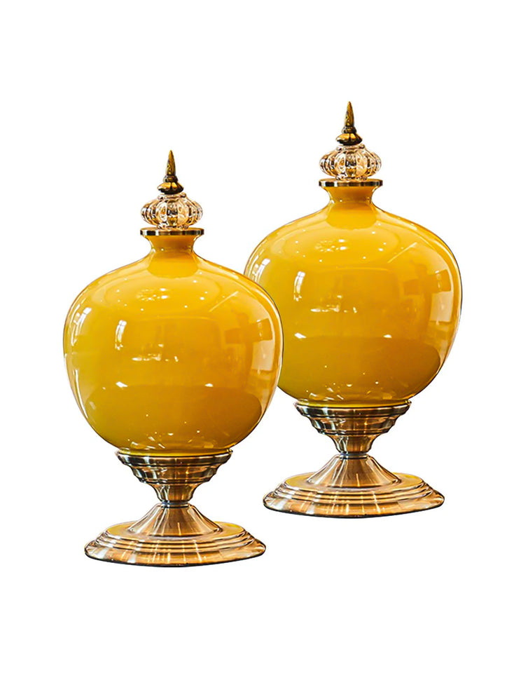 SOGA 2x 38cm Ceramic Oval Flower Vase with Gold Metal Base Yellow