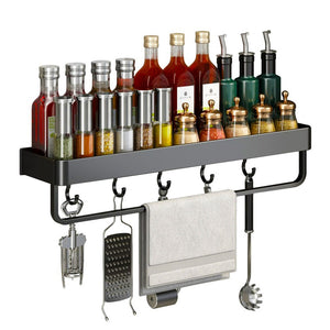 SOGA 52cm Black Wall-Mounted Rectangular Kitchen Spice Storage Organiser Space Saving Condiments Shelf Rack with Hooks
